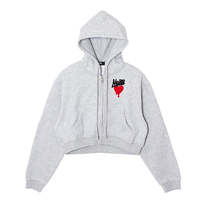 HEART DRIP WAPPEN CROPPED ZIP HOODIE -GREY- (WOMEN)