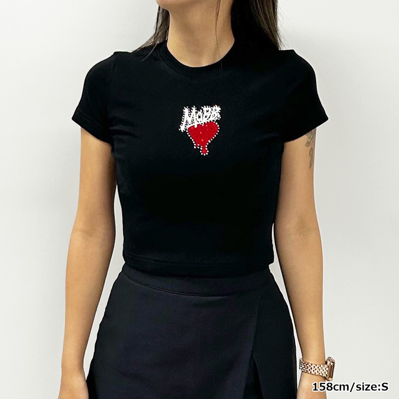 HEART DRIP STONE CROPPED T-SHIRT -BLACK-(LADIES/KIDS)