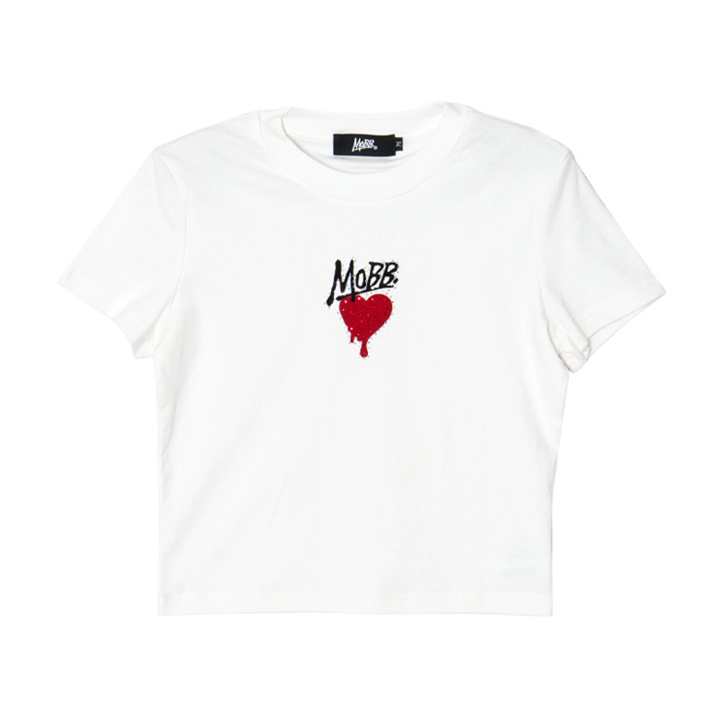 HEART DRIP STONE CROPPED T-SHIRT -WHITE-(LADIES/KIDS)