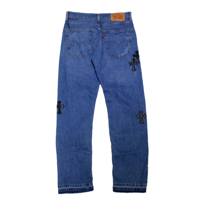 CROSS LEATHER DENIM PANTS -LT.BLUE-