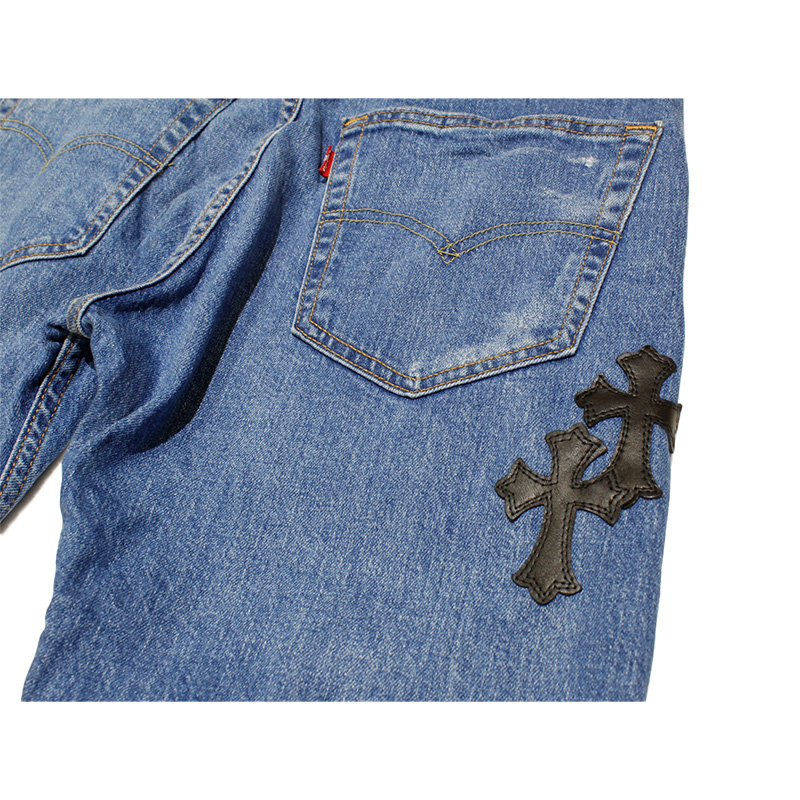 CROSS LEATHER DENIM PANTS -LT.BLUE-