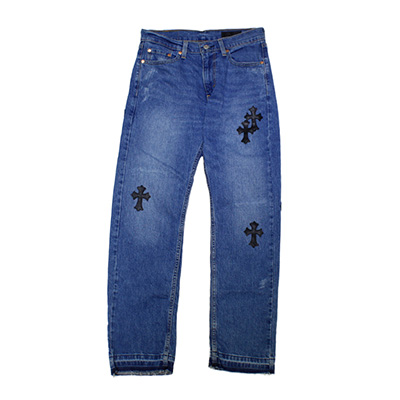 CROSS LEATHER DENIM PANTS -LT.BLUE-