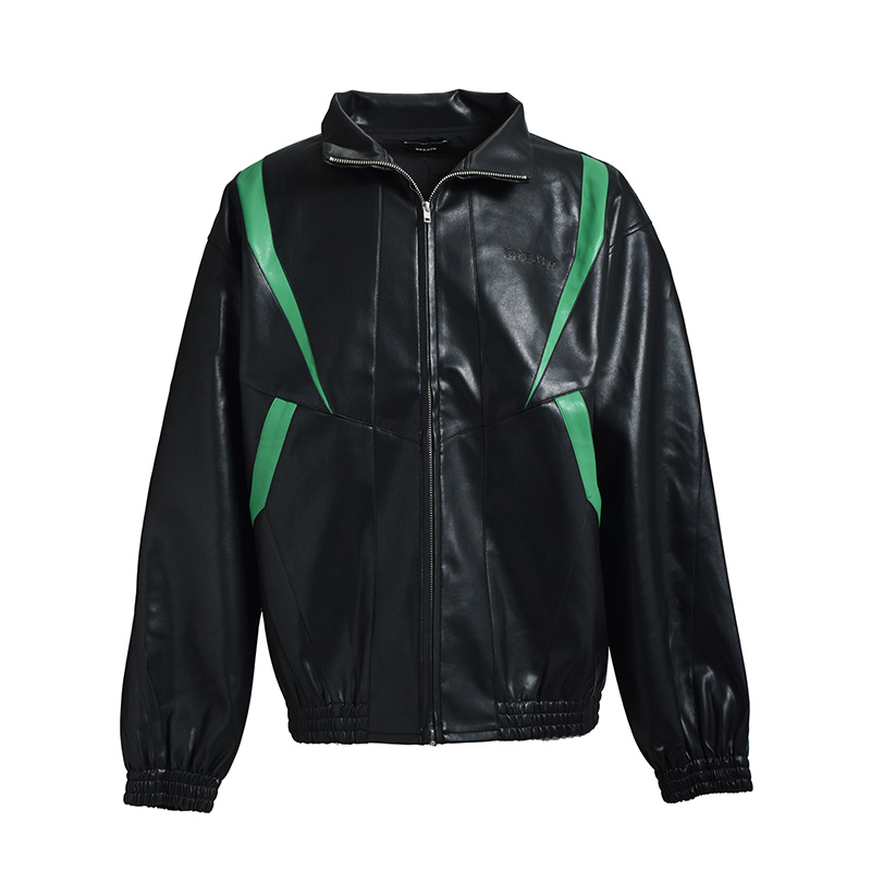 FAUX LEATHER LAMBO TRACK JACKET -BLACK-