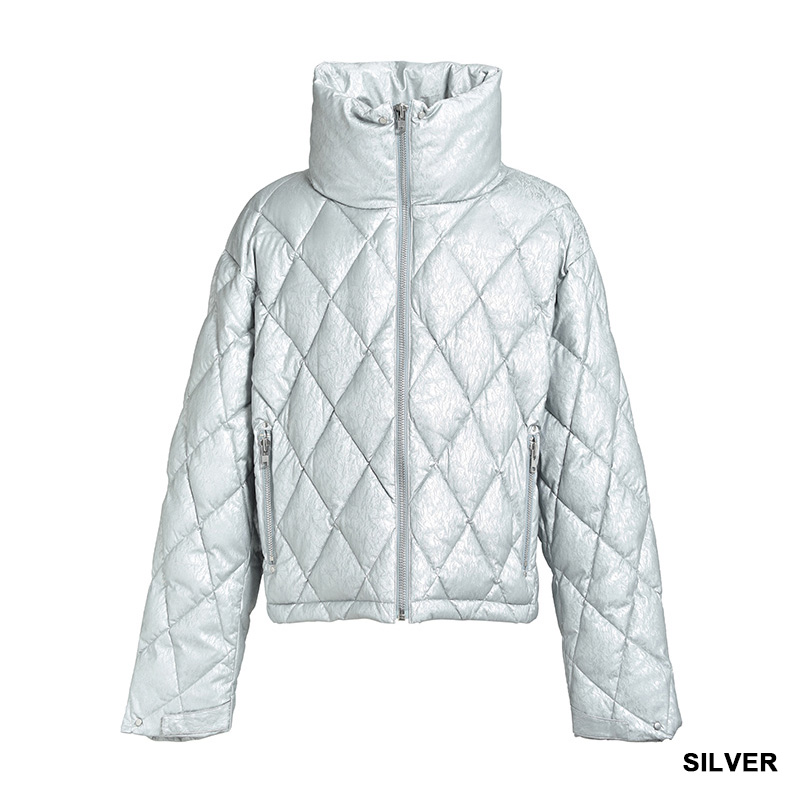 FAUX LEATHER SHINY QUILTING DOWN JACKET -2.COLOR-