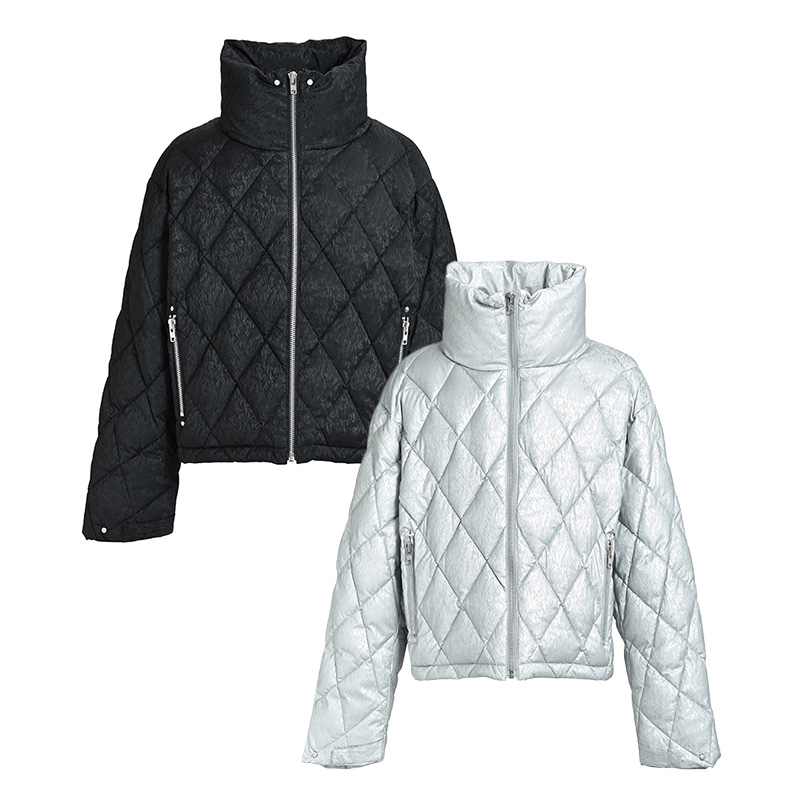 FAUX LEATHER SHINY QUILTING DOWN JACKET -2.COLOR-