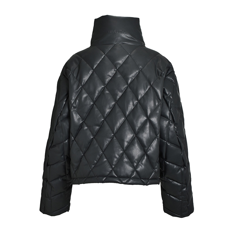 FAUX LEATHER QUILTING DOWN JACKET -BLACK-