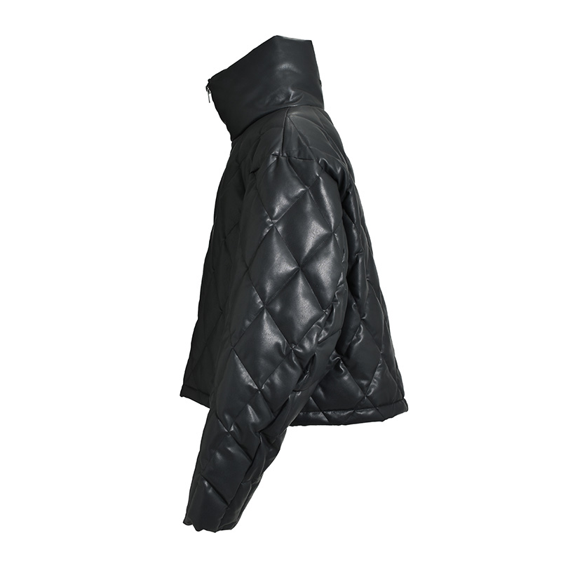 FAUX LEATHER QUILTING DOWN JACKET -BLACK-
