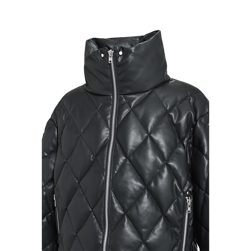 FAUX LEATHER QUILTING DOWN JACKET -BLACK-