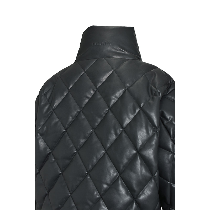 FAUX LEATHER QUILTING DOWN JACKET -BLACK-