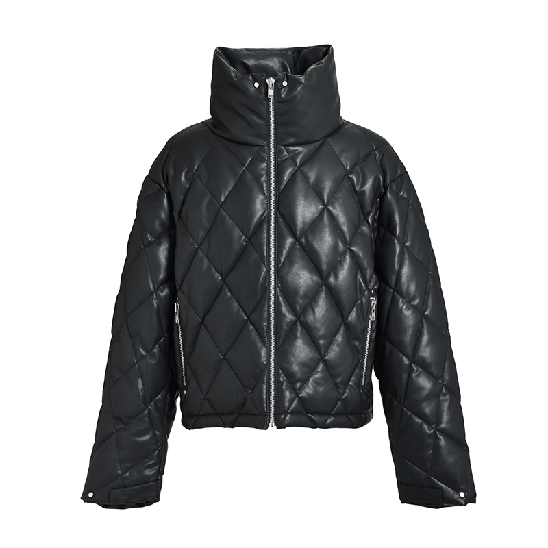 FAUX LEATHER QUILTING DOWN JACKET -BLACK-