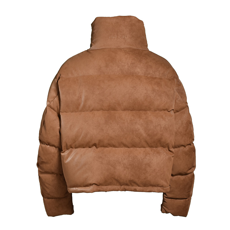 FAUX LEATHER SHIRINK DOWN JACKET -BROWN-
