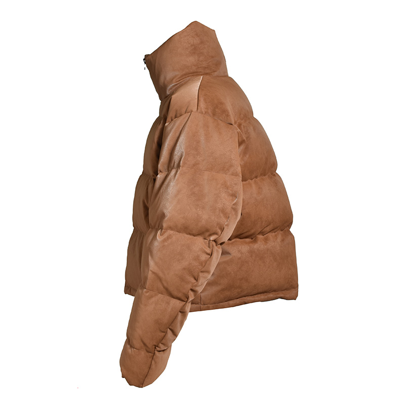 FAUX LEATHER SHIRINK DOWN JACKET -BROWN-