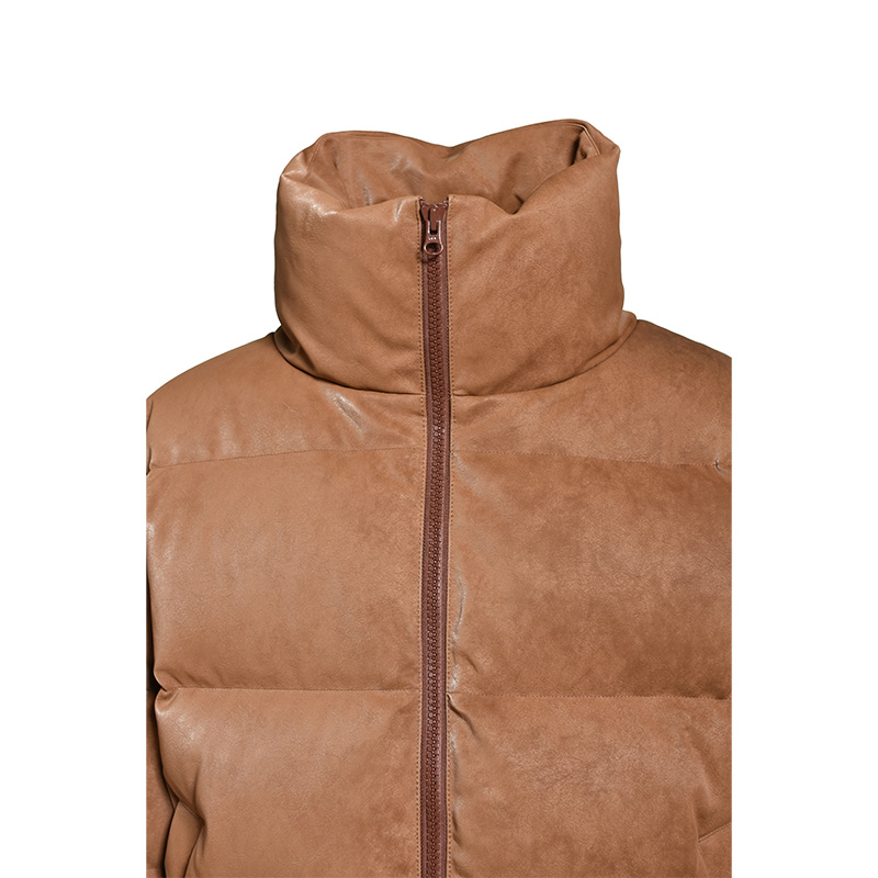 FAUX LEATHER SHIRINK DOWN JACKET -BROWN-