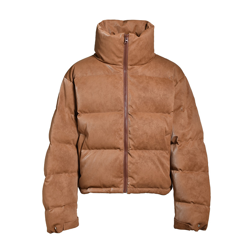 FAUX LEATHER SHIRINK DOWN JACKET -BROWN-