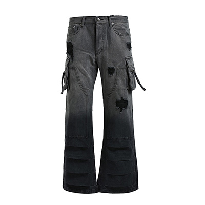 BLEECH DOUBLE KNEE FLARE DENIM-BLACK-