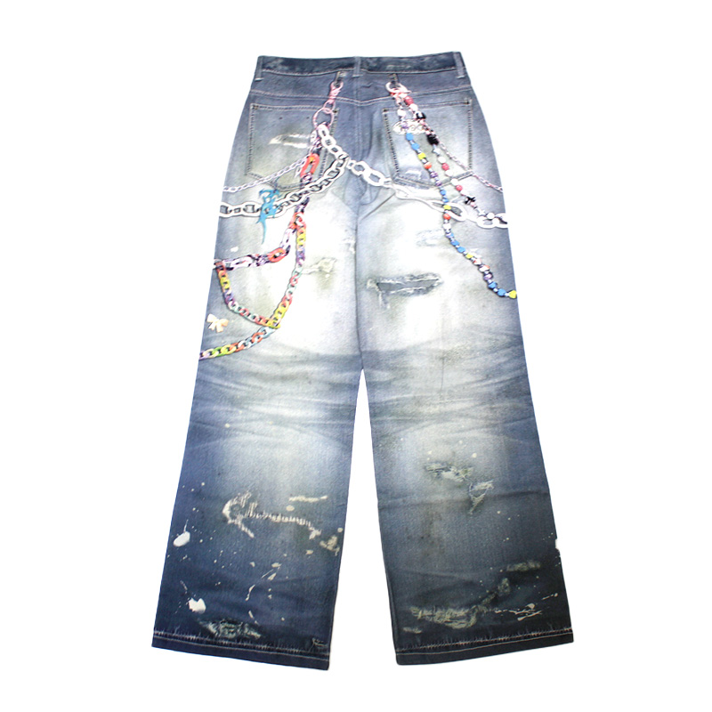 Y2K CARTOON PENDANTS PRINT PANTS -BLUE-