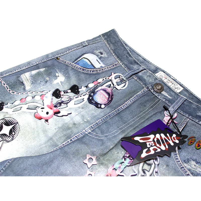 Y2K CARTOON PENDANTS PRINT PANTS -BLUE-