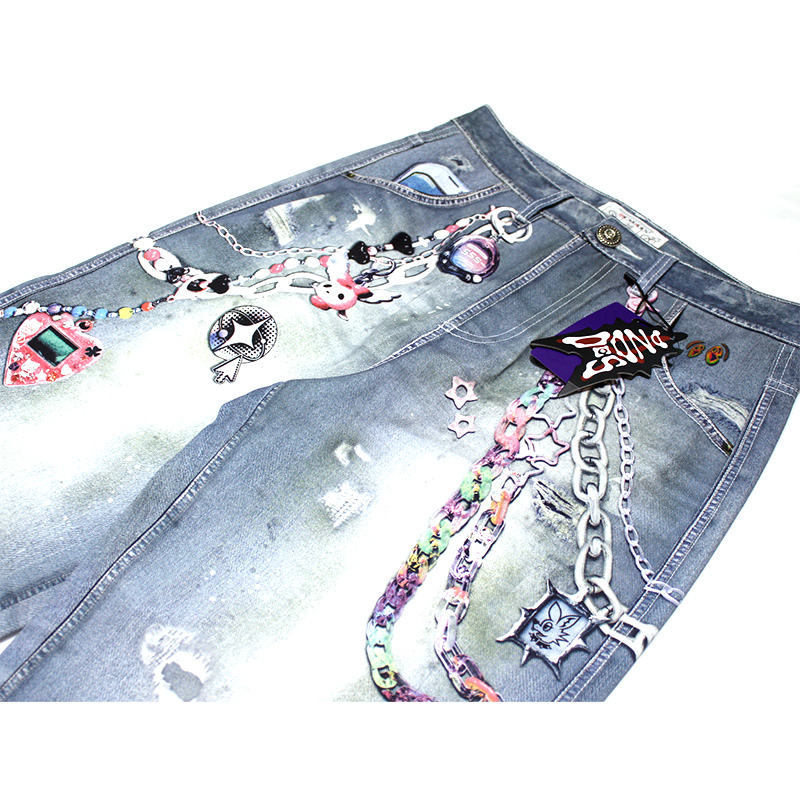 Y2K CARTOON PENDANTS PRINT PANTS -BLUE-