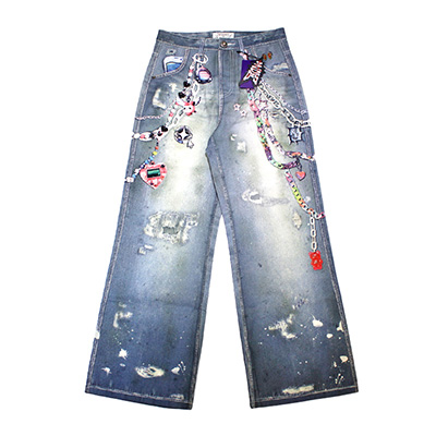 Y2K CARTOON PENDANTS PRINT PANTS -BLUE-
