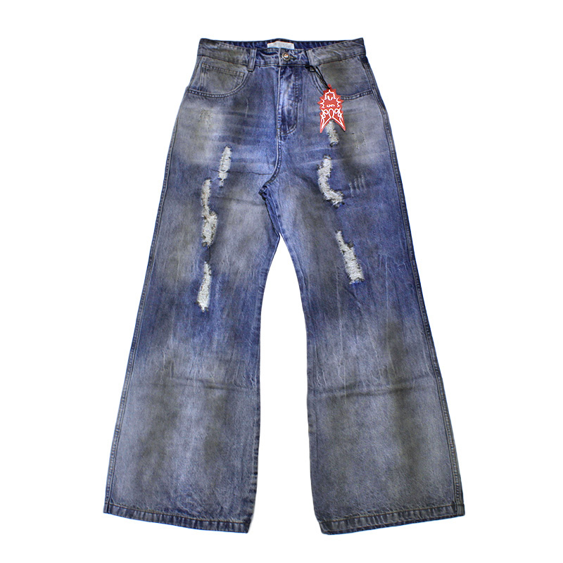 DISTRESSED DUSTY FLARED JEANS -BLUE-