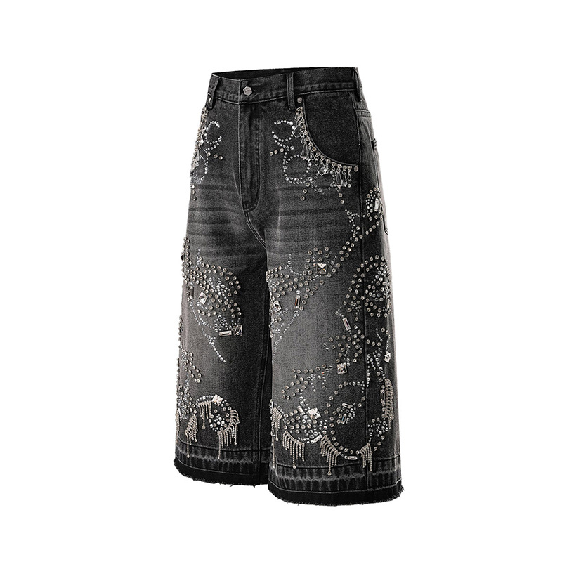 LUMINOUS RHINESTONE CROPPED JEANS -BLACK-