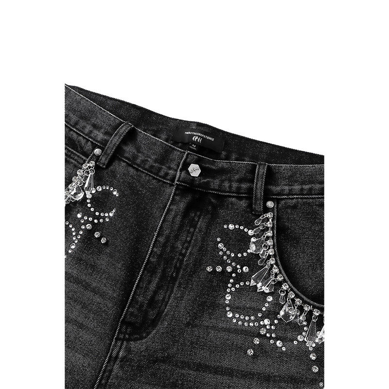 LUMINOUS RHINESTONE CROPPED JEANS -BLACK-