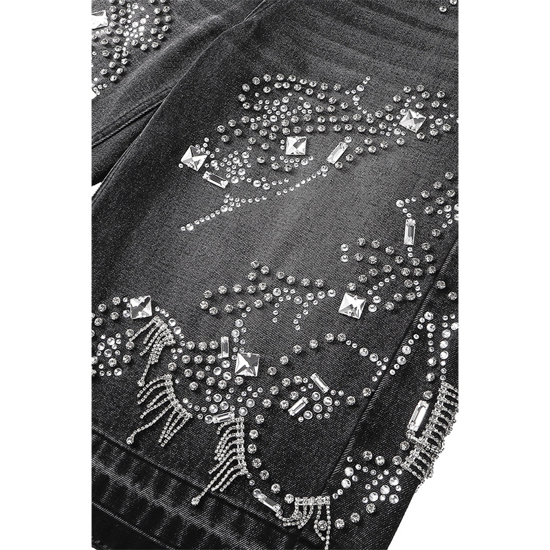 LUMINOUS RHINESTONE CROPPED JEANS -BLACK-