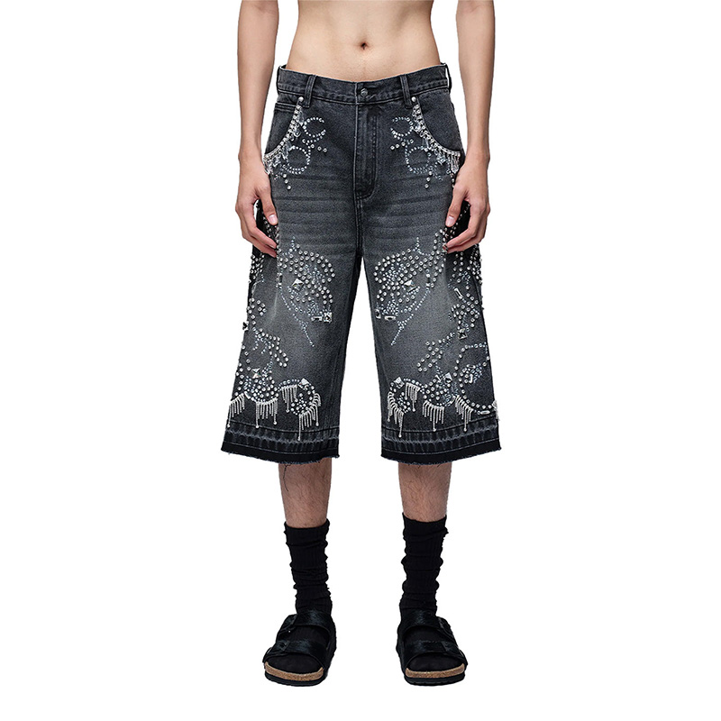 LUMINOUS RHINESTONE CROPPED JEANS -BLACK-