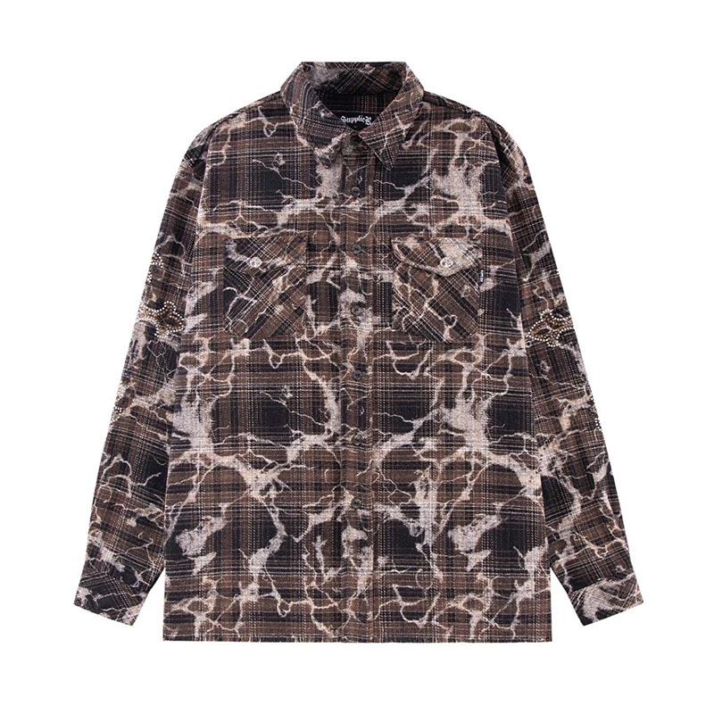 CROSS RHINESTONE CHECK SHIRTS -BROWN-