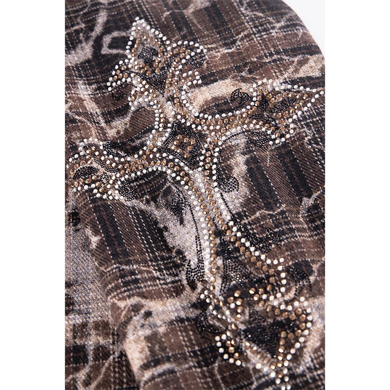CROSS RHINESTONE CHECK SHIRTS -BROWN-