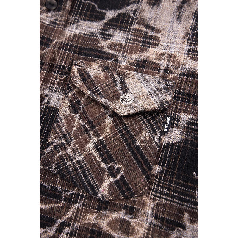 CROSS RHINESTONE CHECK SHIRTS -BROWN-