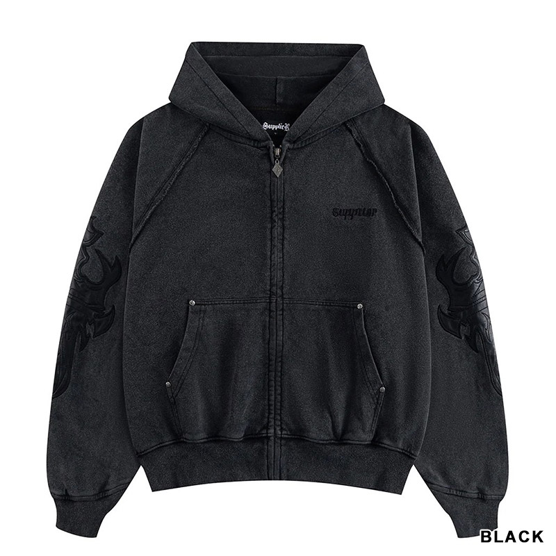 DAGGER LEATHER PATCH ZIP HOODIE -2.COLOR-
