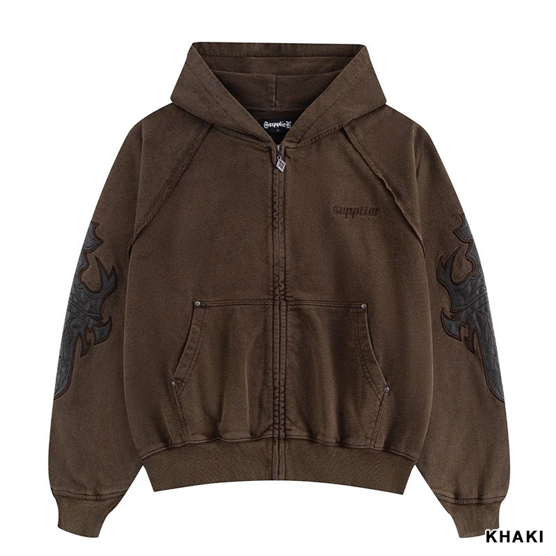 DAGGER LEATHER PATCH ZIP HOODIE -2.COLOR-