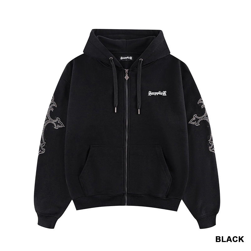 RHINESTONE CROSS SLEEVE ZIP HOODIE -2.COLOR-