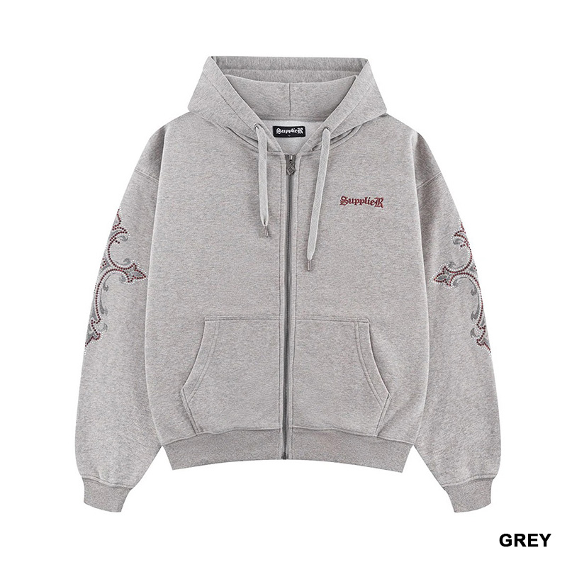RHINESTONE CROSS SLEEVE ZIP HOODIE -2.COLOR-