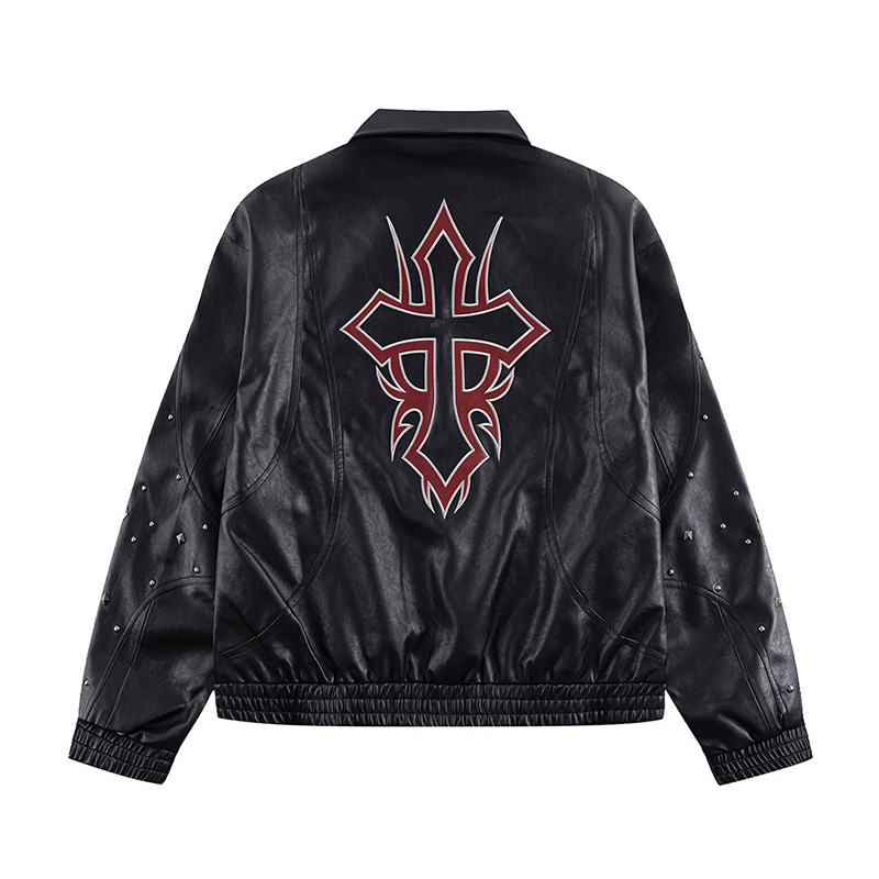 STUDDED FAUX LEATHER JACKET -BLACK-