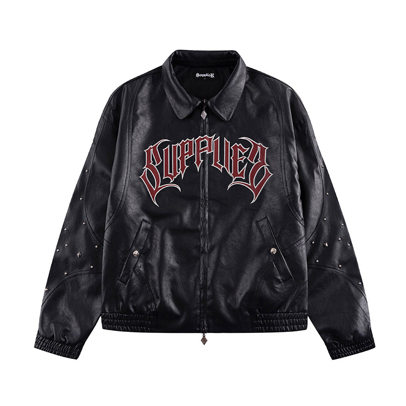 STUDDED FAUX LEATHER JACKET -BLACK-