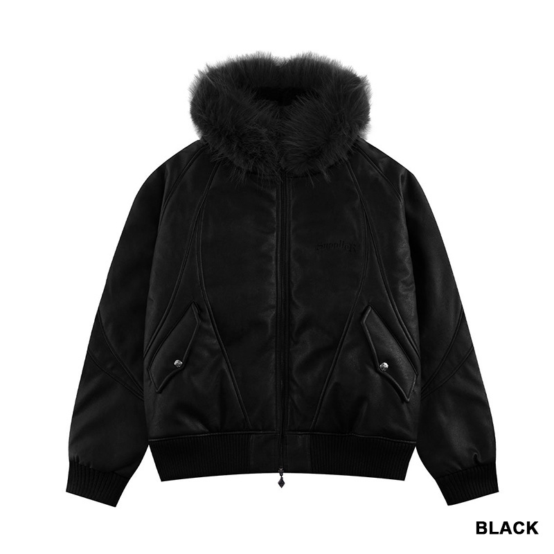 FAUX FUR HOODED BOMBER JACKET -2.COLOR-