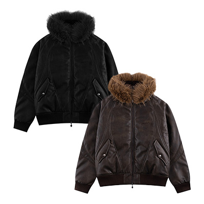 FAUX FUR HOODED BOMBER JACKET -2.COLOR-