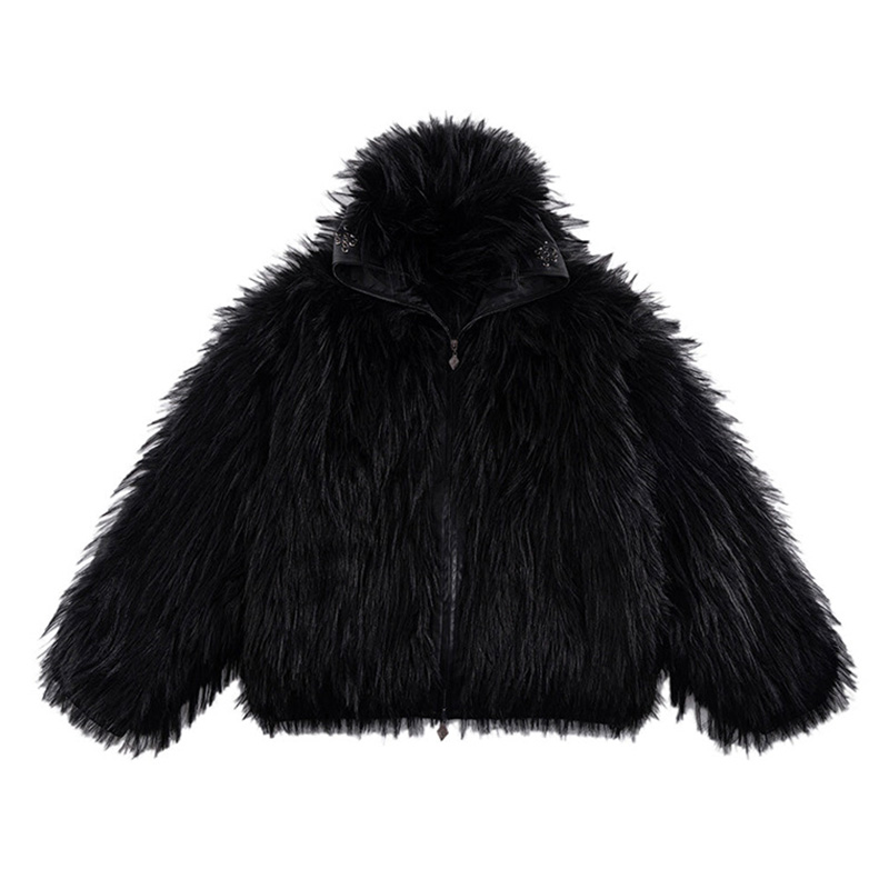 FULL-ZIP FAUX FUR JACKET -BLACK-
