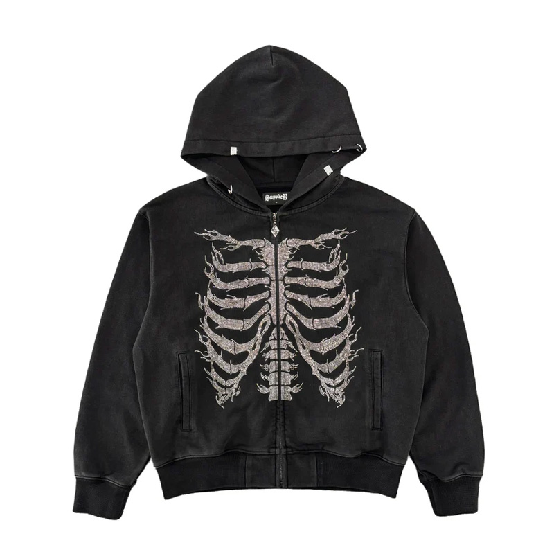 FIRE SKELETON RHINESTONE ZIP HOODIE -BLACK-