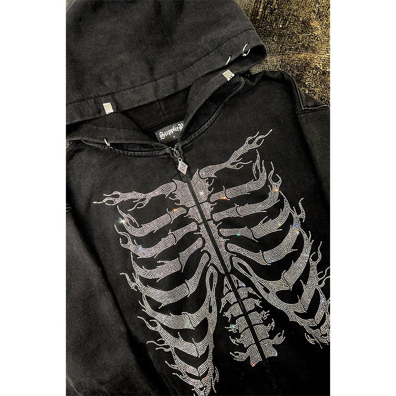 FIRE SKELETON RHINESTONE ZIP HOODIE -BLACK-