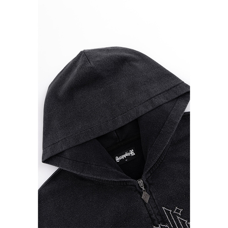 SPLASH RHINESTONE IRON LOGO ZIP HOODIE -BLACK-