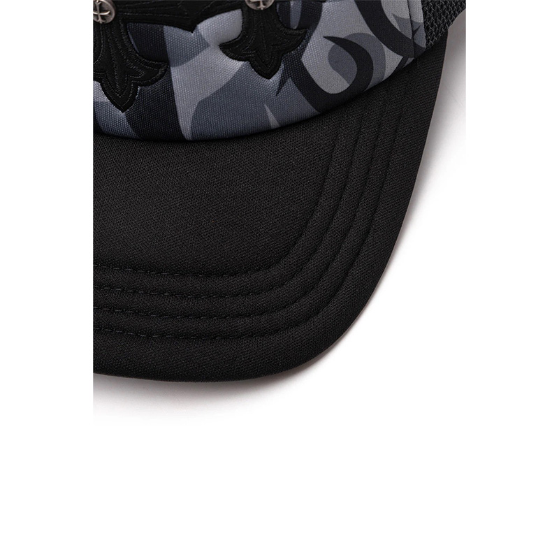TRIBAL CAMO CROSS LEATHER PATCH MESH CAP -BLACK-