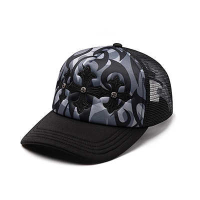 TRIBAL CAMO CROSS LEATHER PATCH MESH CAP -BLACK-