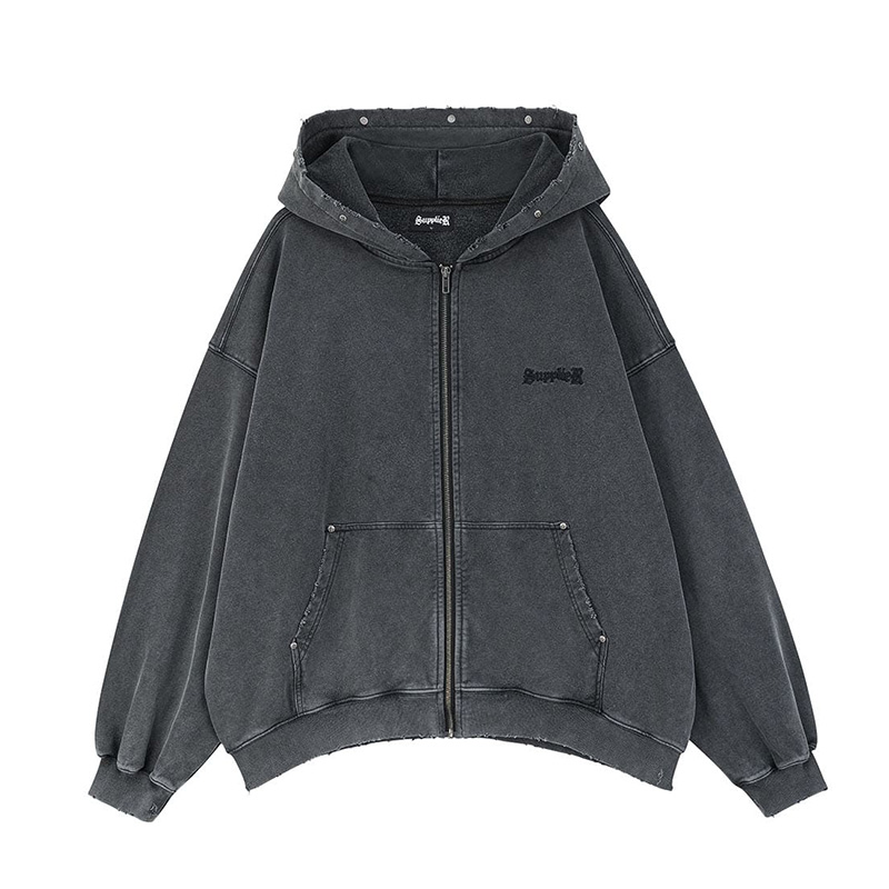 STUDS CROSS PATCH ZIP HOODIE -BLACK-