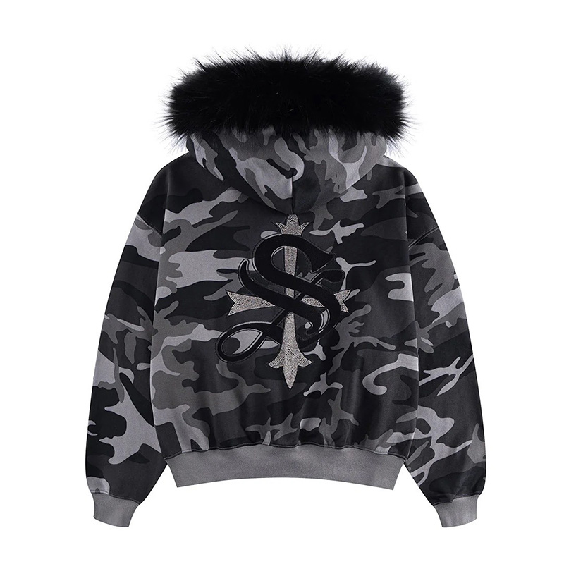 CAMOFLAGE FAUX FUR CROSS ZIP HOODIE -BLACK-