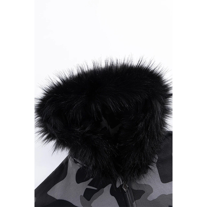 CAMOFLAGE FAUX FUR CROSS ZIP HOODIE -BLACK-