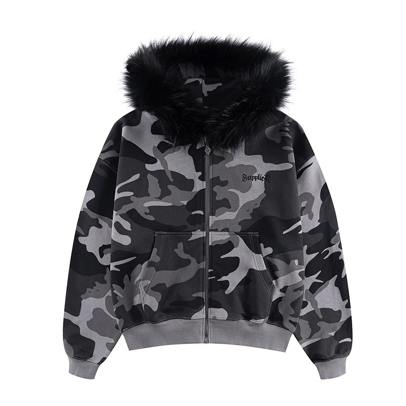 CAMOFLAGE FAUX FUR CROSS ZIP HOODIE -BLACK-