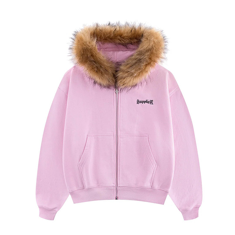 FAUX FUR CROSS ZIP HOODIE -PINK-